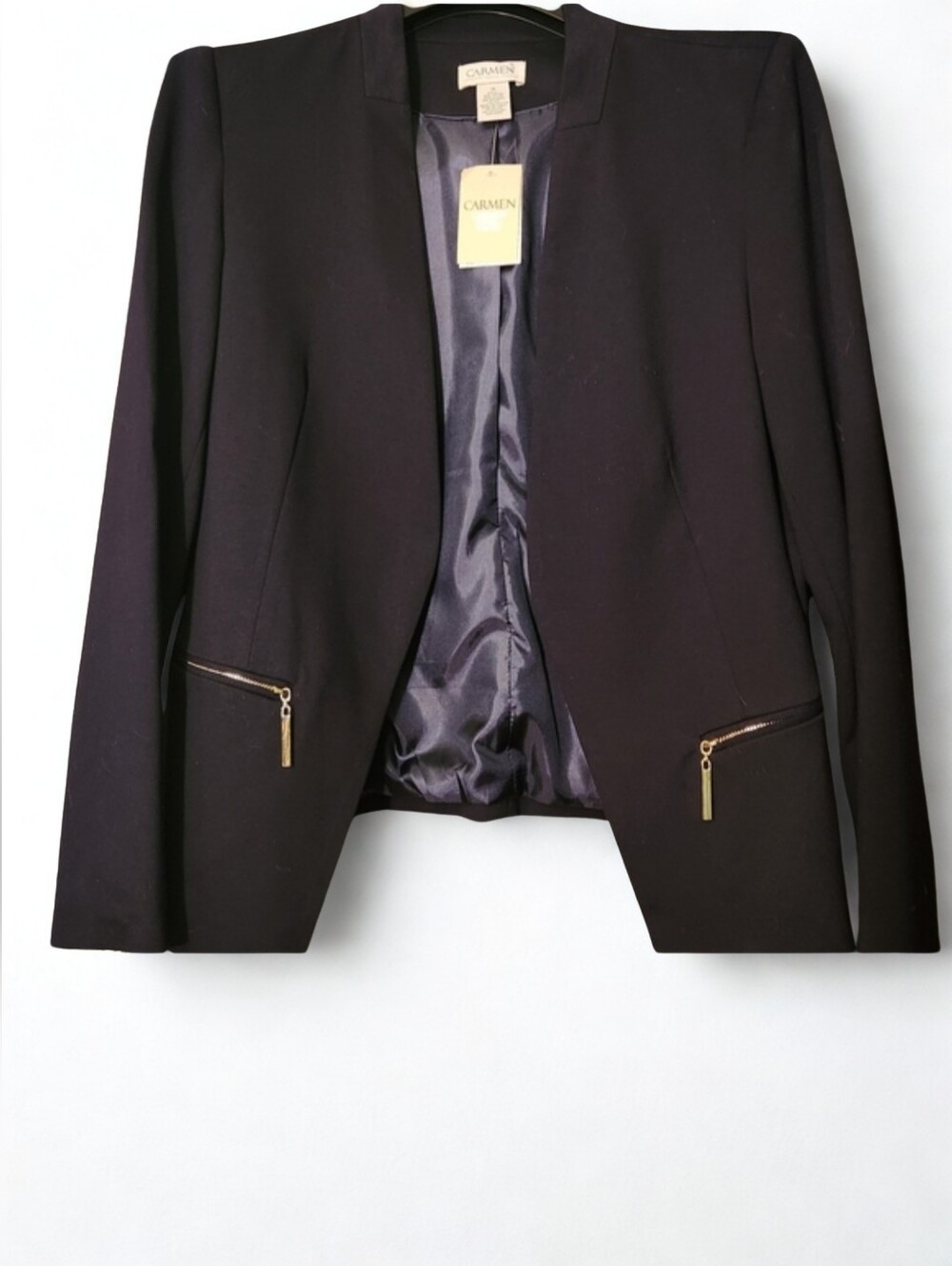 Carmen Marc Valvo Navy Blazer with Gold Zipper Accents Women's Size 10